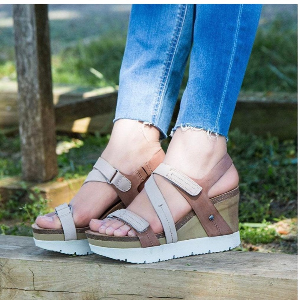 OTBT WAVEY Mid Brown Leather Strappy Wedge Platform Sandals 7.5